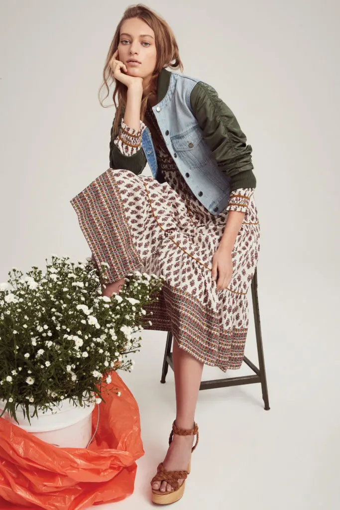 From the Veronica Beard spring/summer '22 collection: print dress, denim bomber jacket with ruched sleeves, leather braided wedge heels. (Photo courtesy of Veronica Beard)