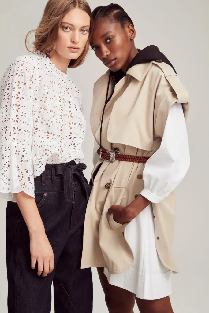 From the Veronica Beard spring/summer '22 collection: lace blouse and trousers, left, and trench dress, right. (Photo courtesy of Veronica Beard)