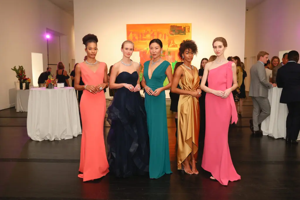 Models in gowns from Tootsies are adorned with millions of dollars of magnificent diamond jewels from De Beers Jewellers on display at The Menil Collection. (Photo by Johnny Than)