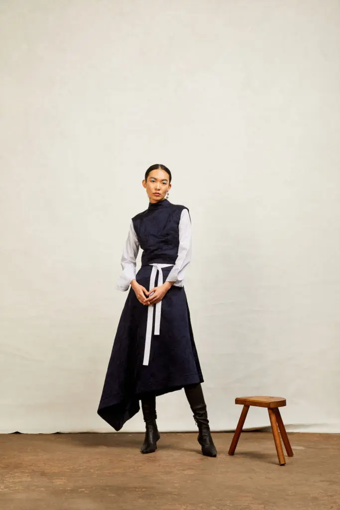 Hanh Merriman Bamboo top, $545; embroidered Emma tunic, $795; Cloque Lily skirt, $675.