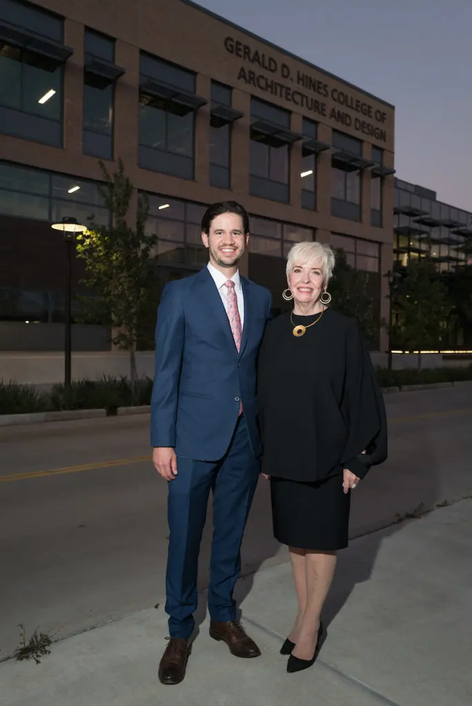 Gerald Hines' grandson Matthew Hines and Patricia Oliver, dean of the Gerald D. Hines College of Architecture and Design at the University of Houston, at the college's 75th anniversary gala (Photo by Daniel Ortiz)