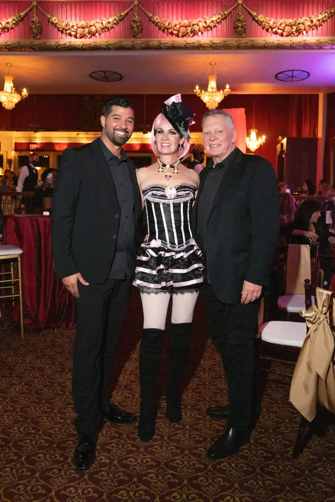 Angel Rios, Beth Muecke, Richard Flowers at the Houston Arts Alliance Moulin Rouge themed gala at the Majestic Metro theater. (Photo by Daniel Ortiz)
