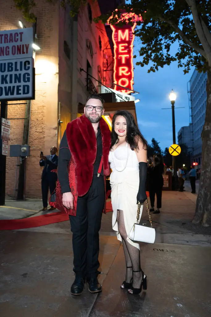 John Abodeely, Daisy Mendoza at the Houston Arts Alliance Moulin Rouge themed gala at Majestic Metro theater. (Photo by Daniel Ortiz)