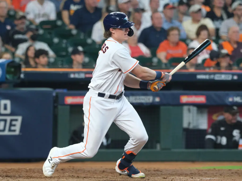 Rookie Jake Meyers drove in the first run of the Astros' postseason run. (Photo by F. Carter Smith)