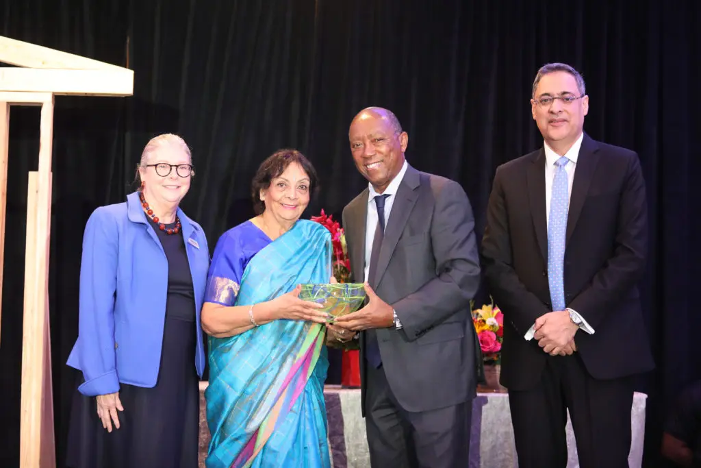 Allison Hay, Leela Krishnamurthy, Mayor Sylvester Turner, Consul General Shri Aseem Mahajan at the Habitat for Humanity luncheon. 