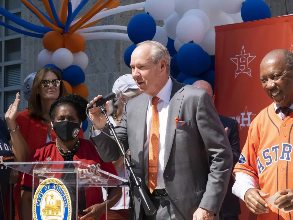 It was quite the festive atmosphere at City Hall, where Jim Crane delivered his remarks. (Photo by F. Carter Smith)