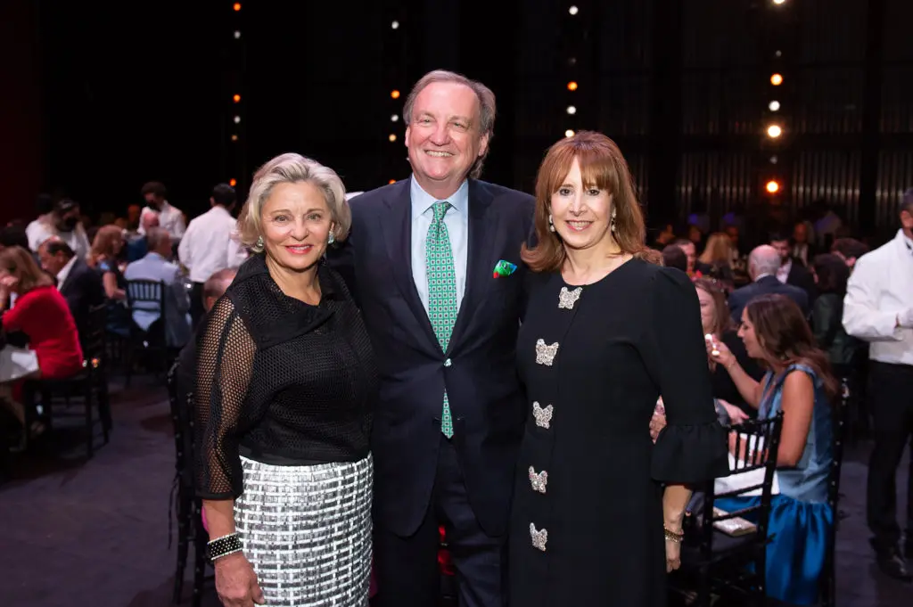 Beth Madison, Ralph Burch & Vicki West at the Margaret Alkek Williams 'Jubilee of Dance' on-stage dinner.  (Photo by Wilson Parish)