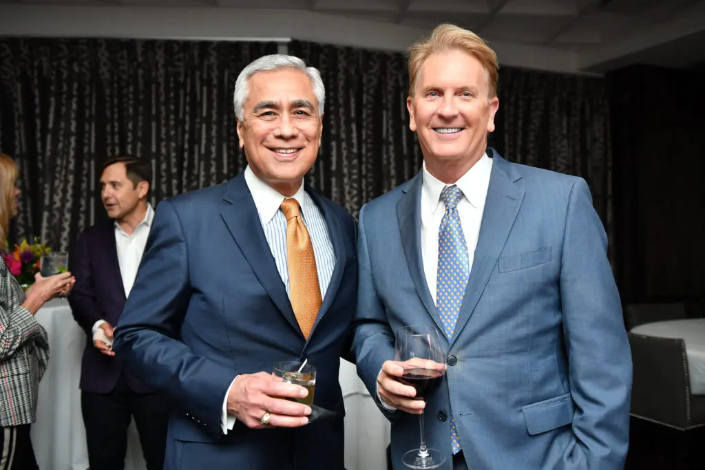 KPRC Channel 2's retired news anchor Bill Balleza and chief meteorologist Frank Billingsley at the Dominique Sachse departure party, hosted by Steak 48.
