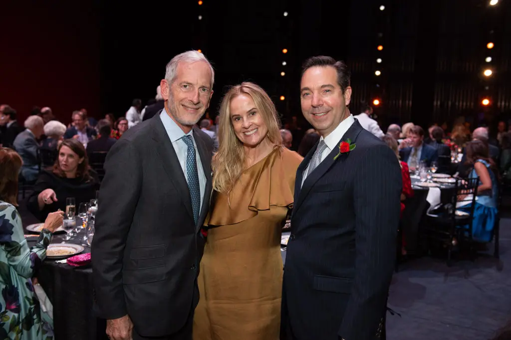 Edward & Deborah Koehler, Houston Ballet executive director Jim Nelson at the Margaret Alkek Williams 'Jubilee of Dance' on-stage dinner.  (Photo by Wilson Parish)
