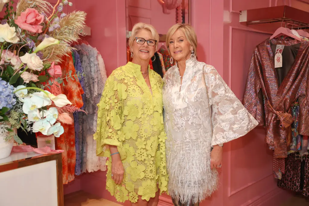 Caterer Elizabeth Swift, Sheridan Williams, both in La Vie Style House caftans, at the boutique opening in River Oaks District. (Photo by Johnny Than)
