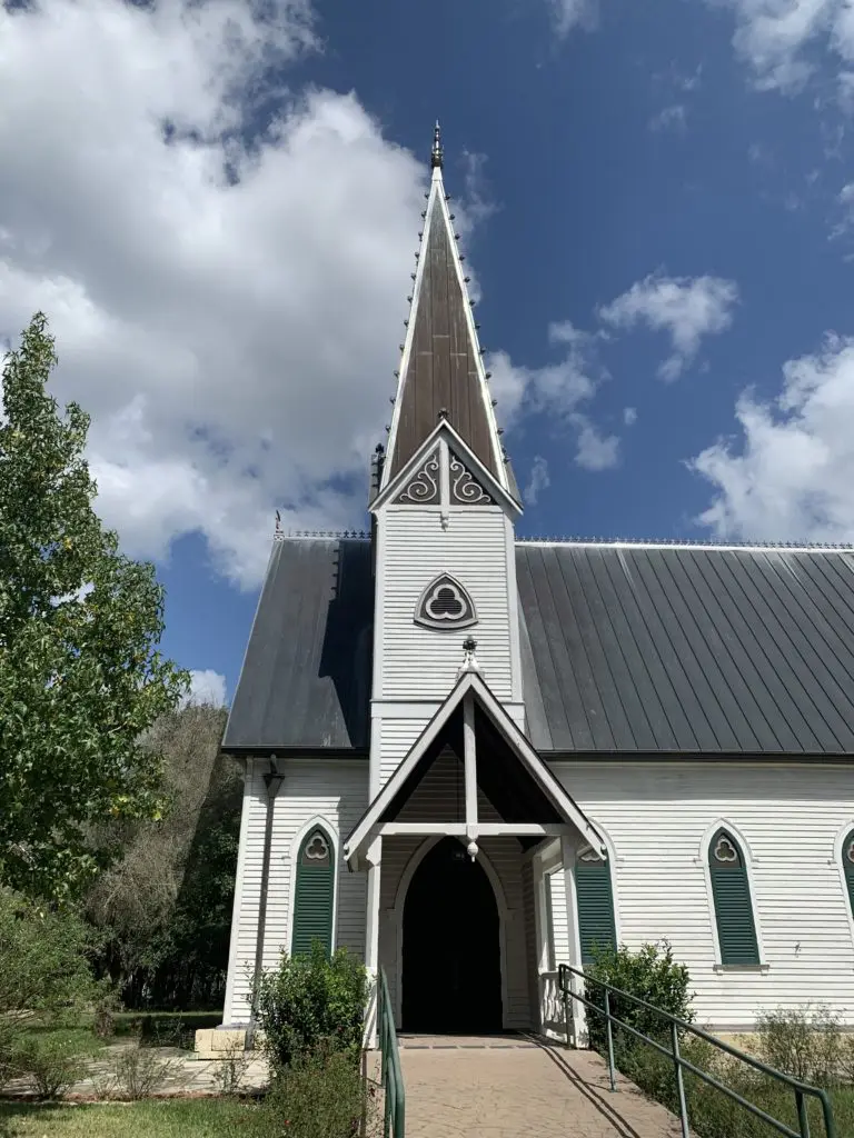The Edythe Bates Old Chapel, 1883, was originally the Episcopal Methodist Church of La Grange. Moved to Festival Hill in 1994, its handsome interiors provided one of the sources for inspiration for The Colors of Round Top Collection by Benjamin Moore.  