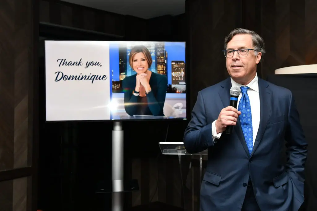 KPRC Channel 2 vice president and general manager Jerry Martin speaking at Dominique Sachse's farewell party at Steak 48.
