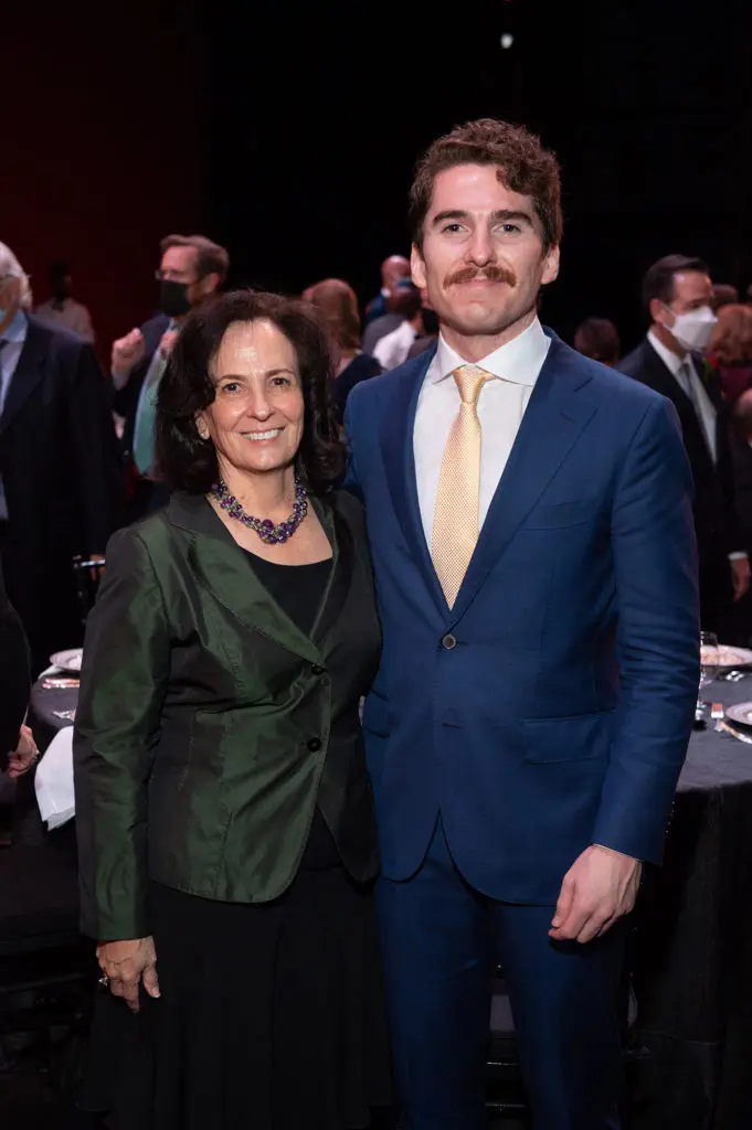 Leticia Loya and son Paul Loya at the Margaret Alkek Williams 'Jubilee of Dance' on-stage dinner.  (Photo by Wilson Parish)