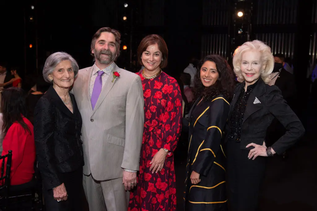 Melza Barr, Houston Ballet artistic director Stanton Welch AM, ballet board president Leigh Smith, Harris County Judge Lina Hildago, Lynn Wyatt  at the Margaret Alkek Williams 'Jubilee of Dance' on-stage dinner.  (Photo by Wilson Parish)