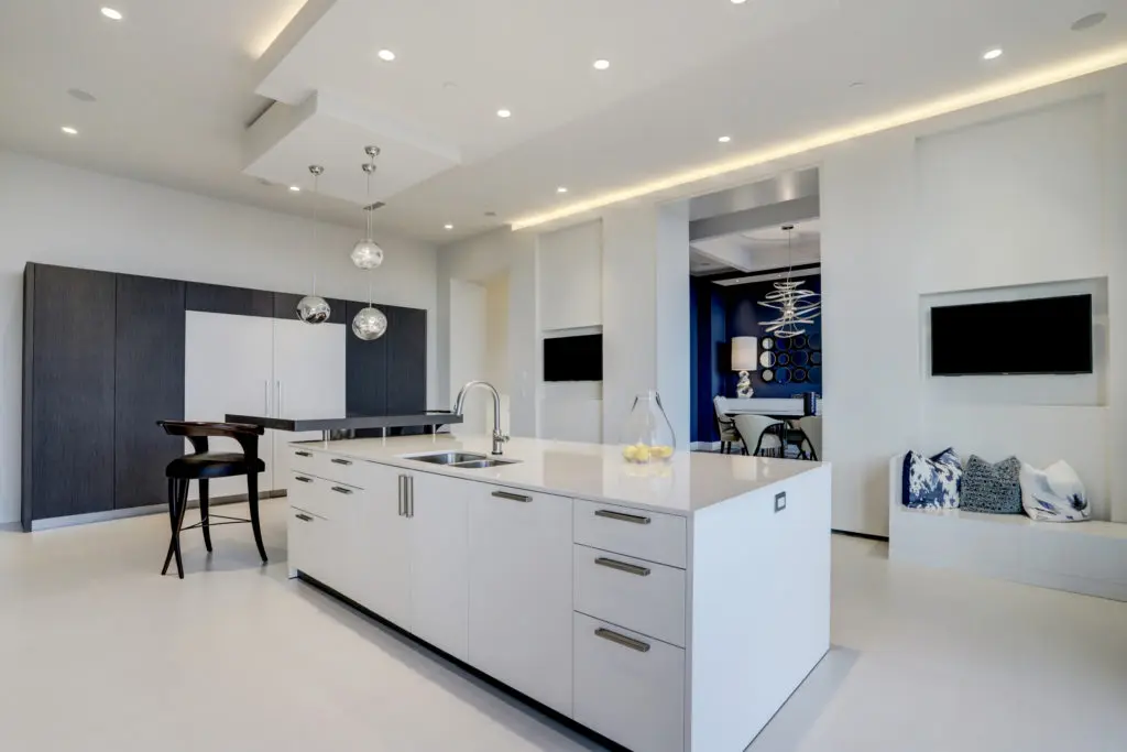 The uber sleek kitchen in The Astoria penthouse, at 9,500 square feet it is on the market for $7,999,999 with Nancy Almodovar, founder of Nan and Company Properties. (Photo by TK Images)
