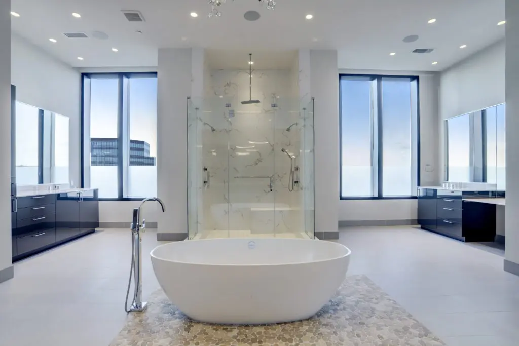 The master bath is spacious in The Astoria penthouse, at 9,500 square feet it is on the market for $7,999,999 with Nancy Almodovar, founder of Nan and Company Properties. (Photo by TK Images)