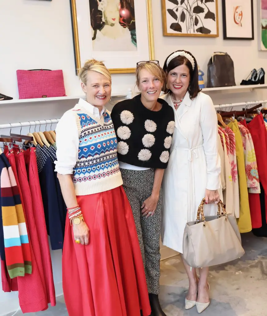 Elyce Arons, Christine Is,  Rebecca Gentry at the Frances Valentine opening in River Oaks District. (Photo by Quy Tran)