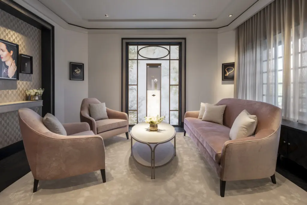 Inside the chic salon at Van Cleef & Arpels for customers to create their own jewelry pieces. 