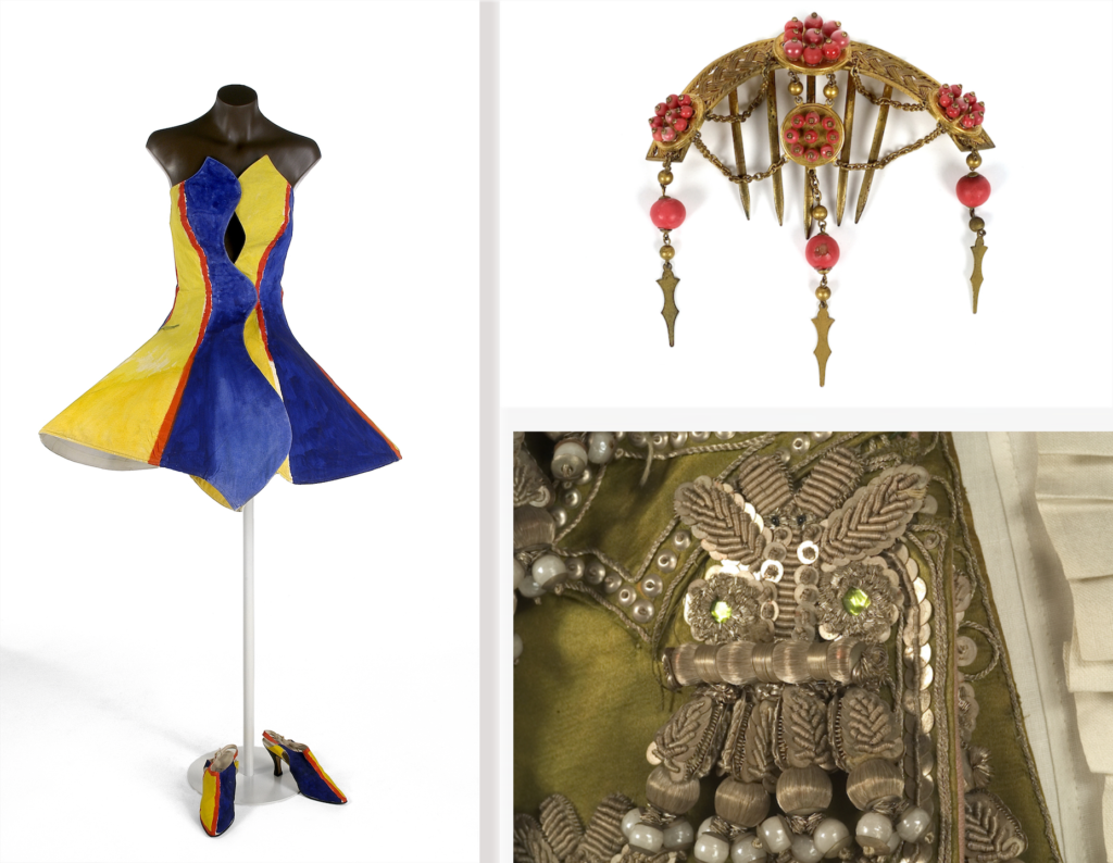 Clockwise from left: Manuel Piña (Spanish, 1944–1994) [designer], Alex Serna [painter]; Vestido (Dress), 1991. Cellulose and cotton. Museo del Traje, Madrid; Peineta (Comb), c. 1890; Traje a “la francesa” (French Costume), casaca and chupa (Vest and Dress Coat) [detail], c. 1795–1800. 