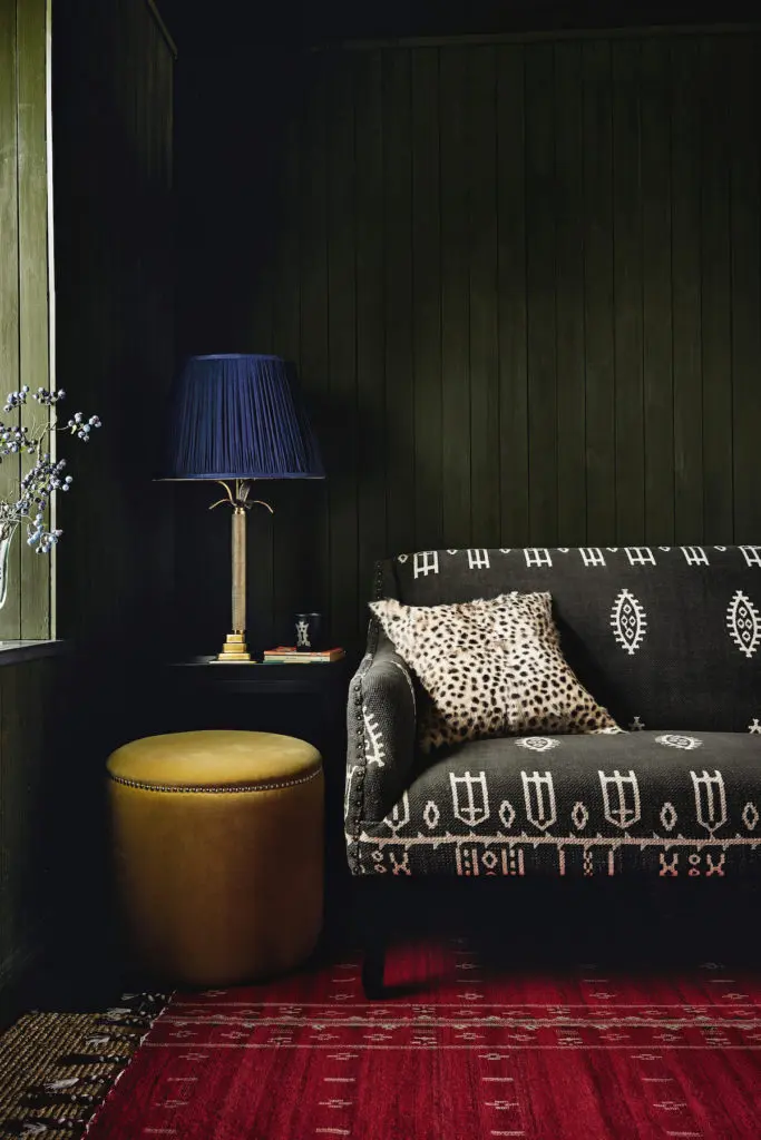 Tarma two-seater sofa, $2,795, Palmerro table lamp, from $250, Costellini velvet ottoman, $325