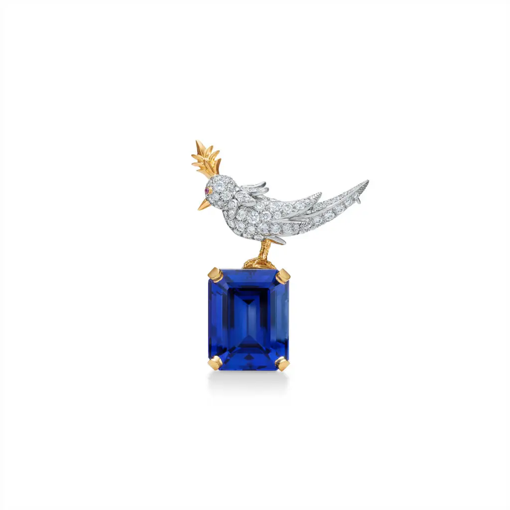 Bird on a Rock brooch designed by Jean Schlumberger for Tiffany & Co, in gold and platinum. Birds are set with diamonds and pink-sapphire eyes, perched on tourmaline, morganite, and aquamarine stones.