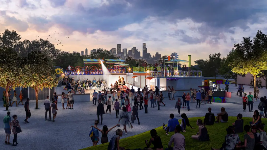Refreshed performance areas are part of The Orange Show Center for Visionary Art redo. (Rendering courtesy of Rogers Partners)