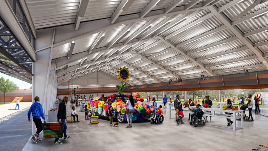 In the expanded Orange Show campus, spaces will host creative workshops for would-be visionary artists. (Rendering courtesy of Rogers Partners)