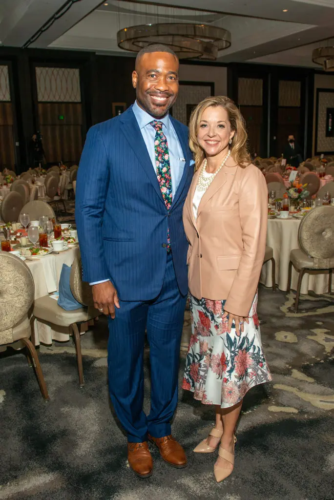 Emcee Keith Garvin, Julie Baker Finck at the Power of Literacy luncheon. (Photo by Jacob Powers)