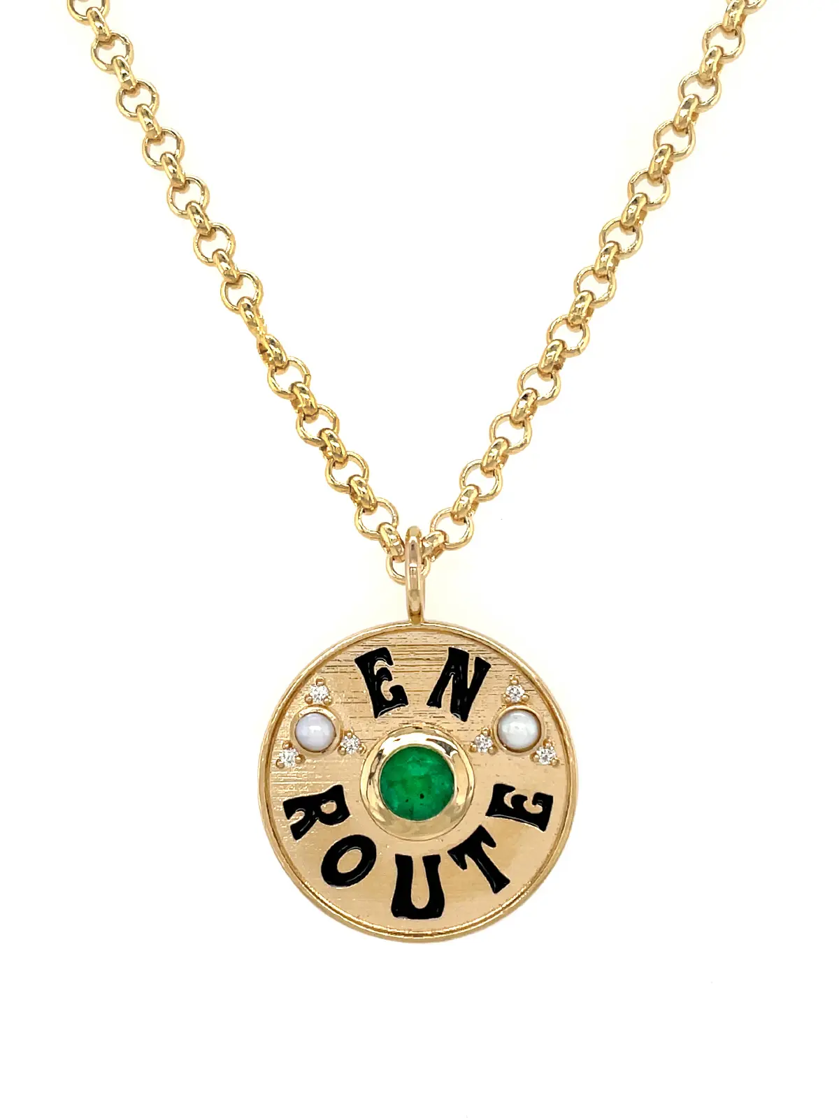 Marlo Laz Large Emerald and Black Enamel En Route Gold Necklace