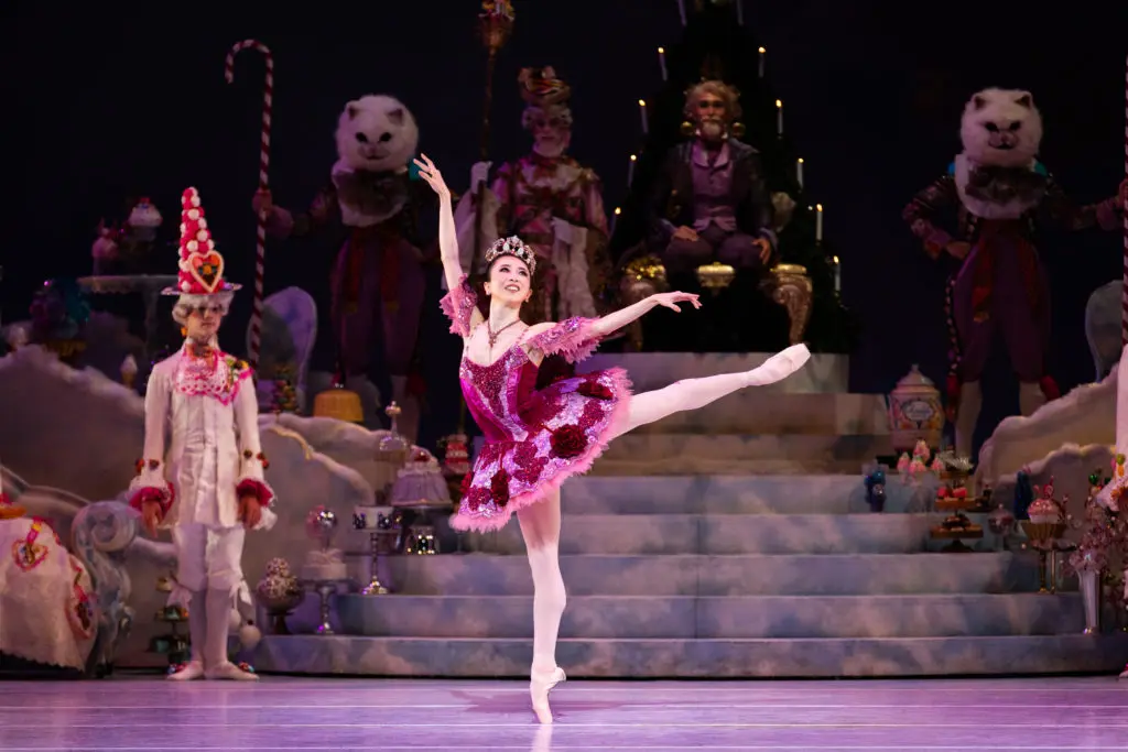 Houston Ballet Principal Yuriko Kajiya in 2021 as the Sugar Plum Fairy with Artists of Houston Ballet in Stanton Welch’s The Nutcracker. (Photo by Lawrence Elizabeth Knox, Courtesy of Houston Ballet)
