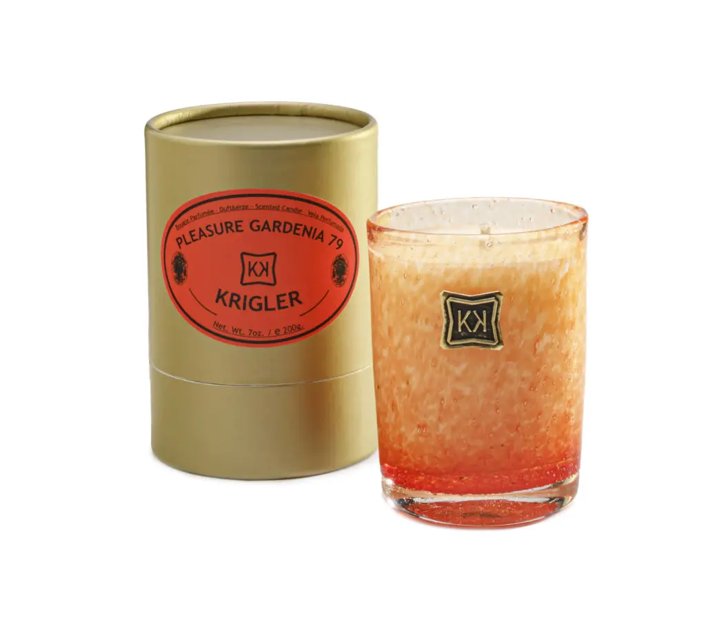 Scented candles are part of the Krigler repertoire. Here Opus Tango Pleasure Gardenia 79.