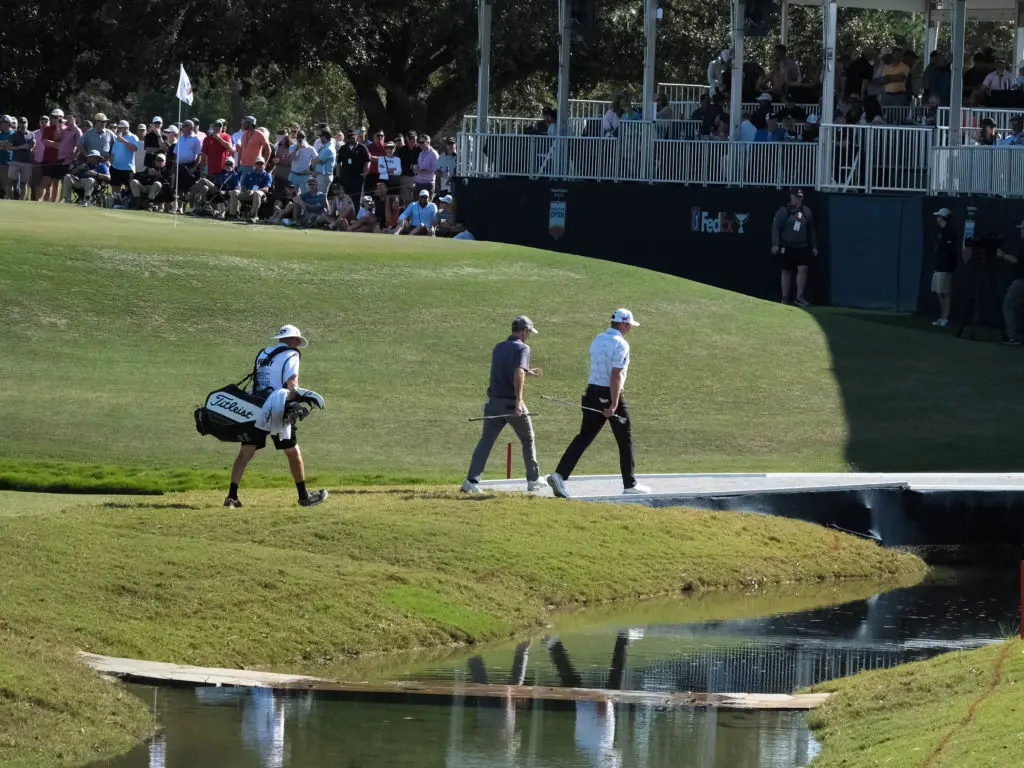 The 15th hole at Memorial Park — with its little bridge — and short challenge emerged as the Houston Open's stadium style party hole. (Photo by F. Carter Smith)