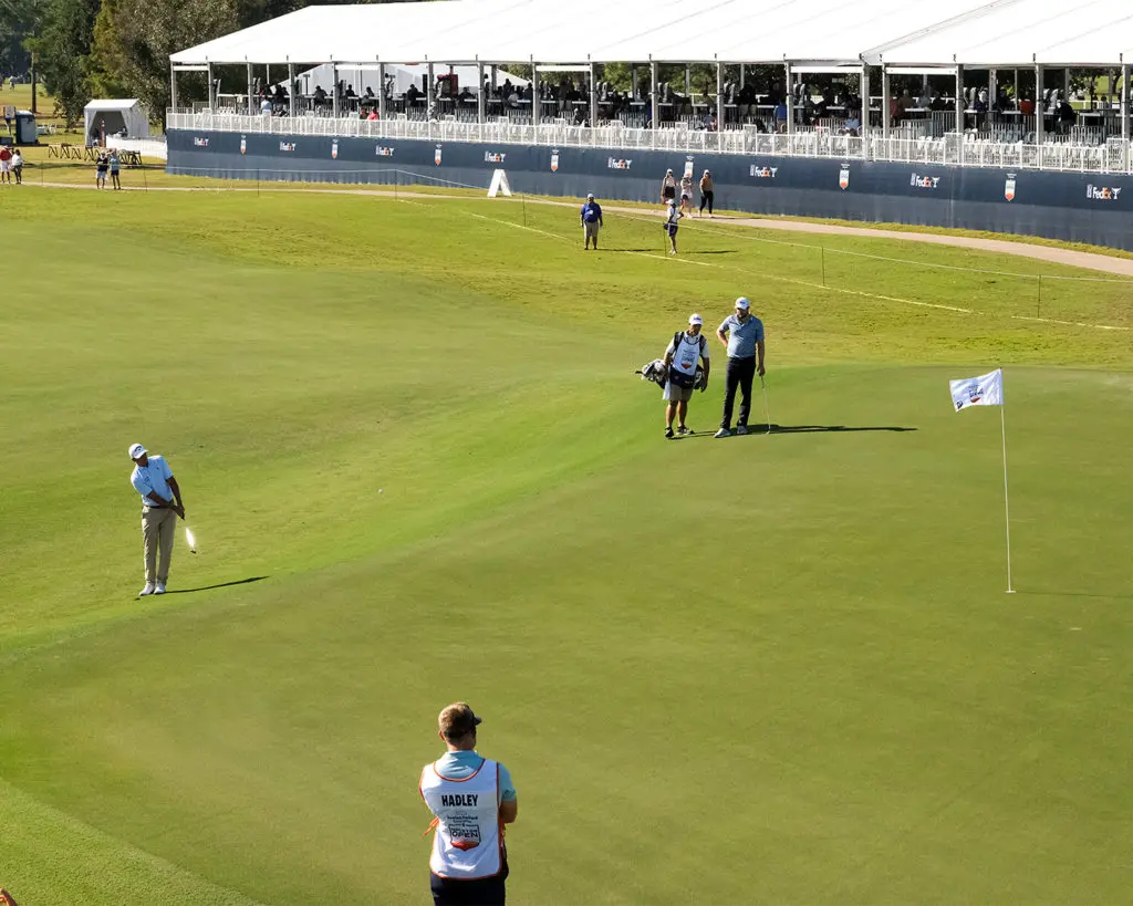 The view from the 18th hole Conoco Boxes at the Houston Open shows the beauty of Memorial Park. (Photo by F. Carter Smith)