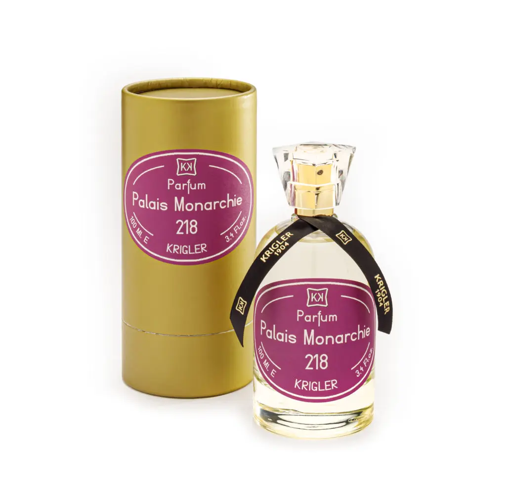 The Palais Monarchie 218 in the signature Krigler bottle with cylindrical box. 