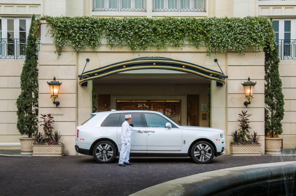 The entrance to the five-star Peninsula Beverly Hills on Santa Monica Boulevard. 