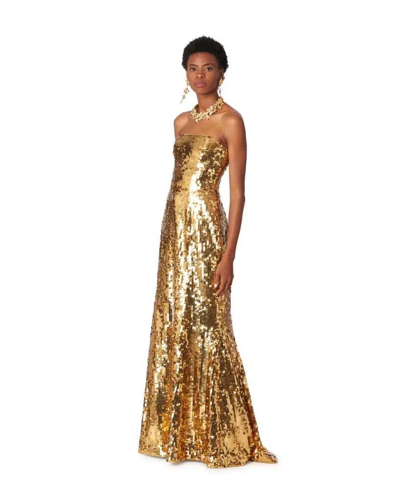 Carolina Herrera's long gold sequined dress is sure to be a showstopper this season. ($5,490)