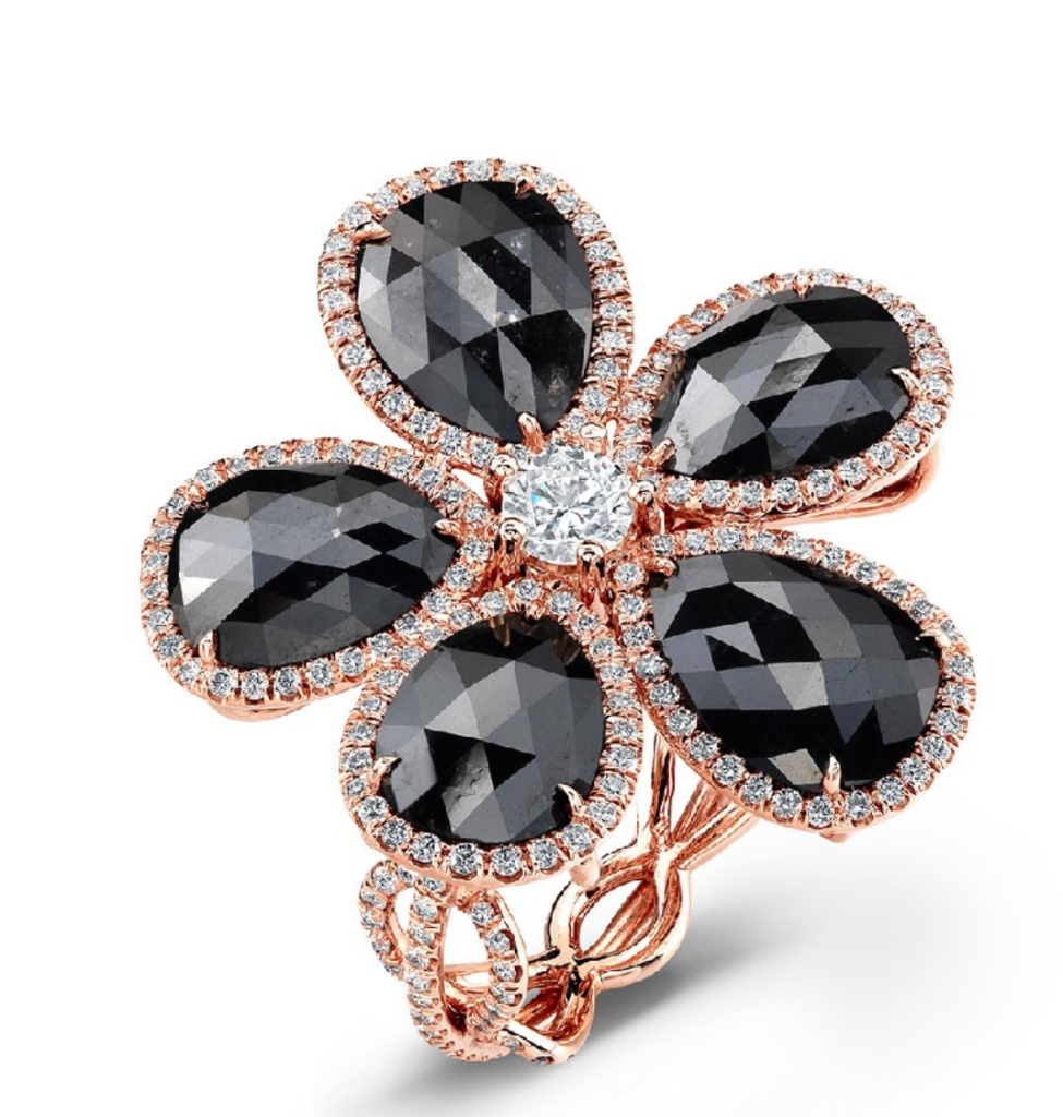 Rahaminov Rose Gold Black Pear Shape Diamond Flower Ring.