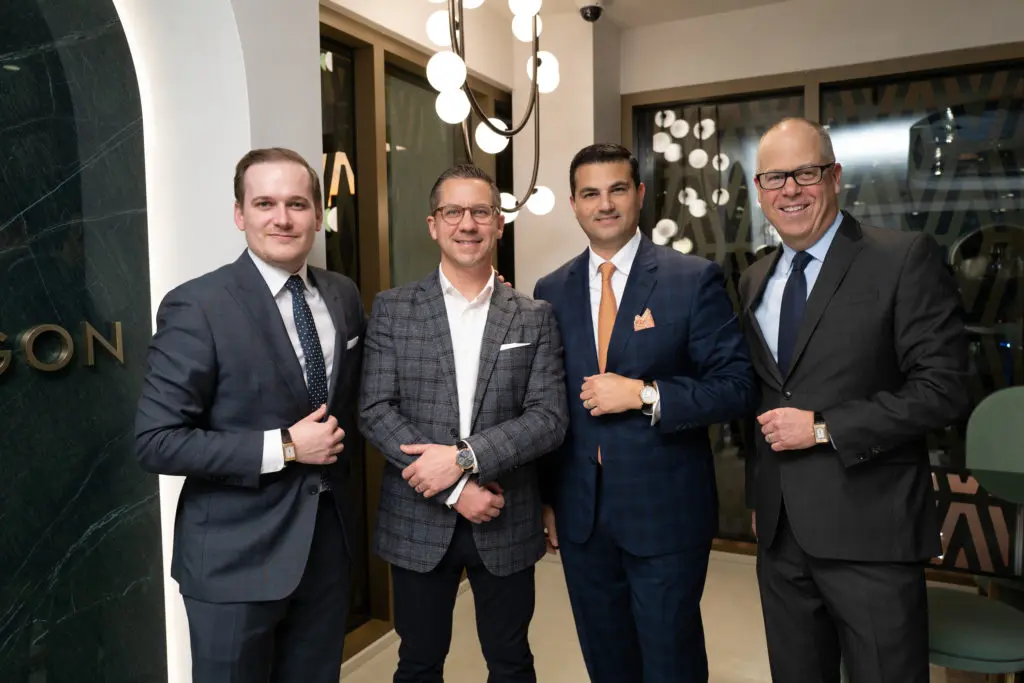 Reichmont's Peter Regout, IWC's Mike Fertal, Segev Zadok, Joel Gaul at the Zadok Jewelers holiday party (Photo by Daniel Ortiz)