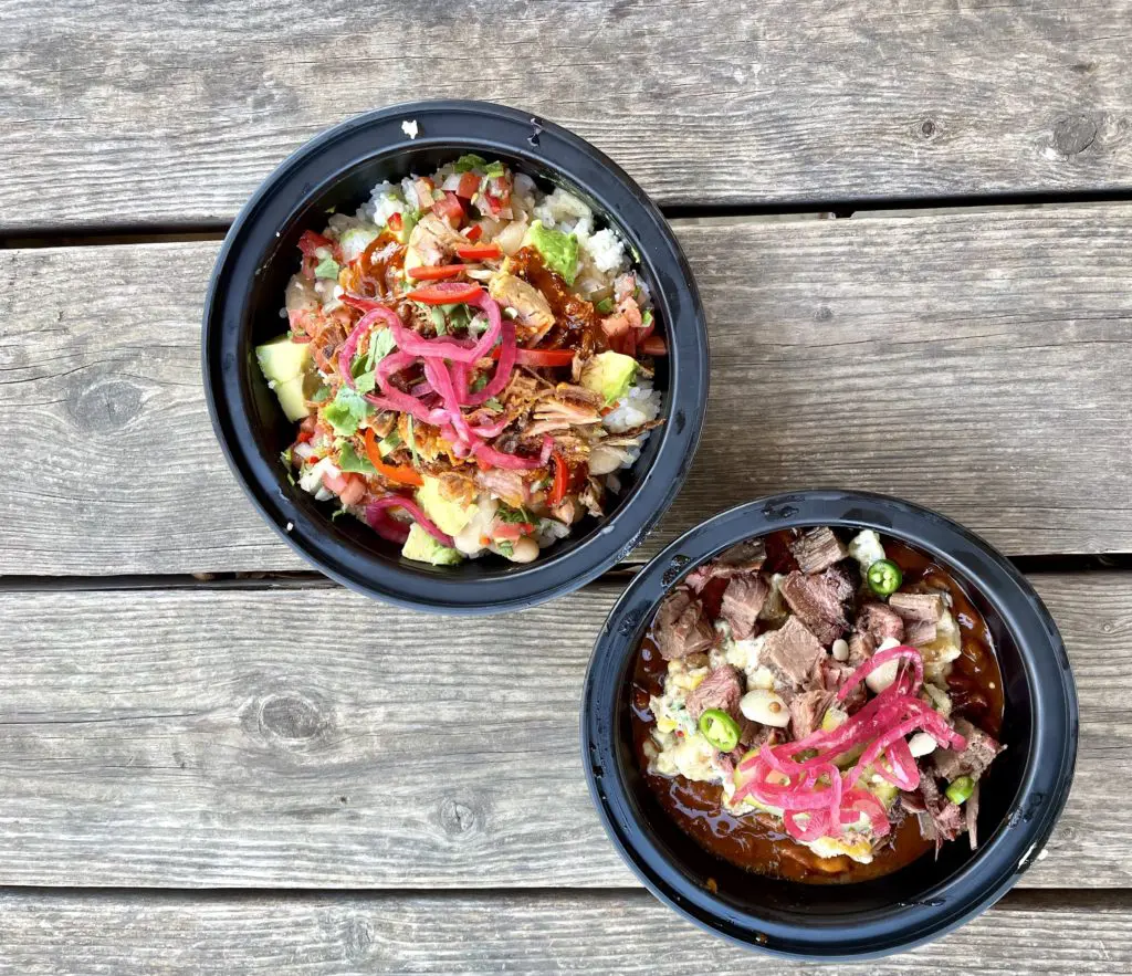 Brisket and Carnitas bowls are served atop rice or barbeque beans at F1 Smokehouse. (Photo by Courtney Dabney)