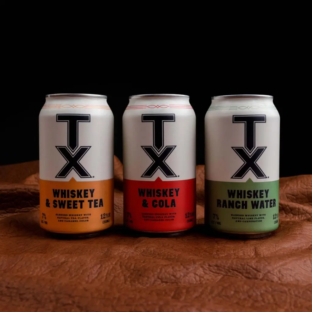 TX Whiskey's first line-up in the canned market includes Sweet Tea, Cola and Ranch Water.