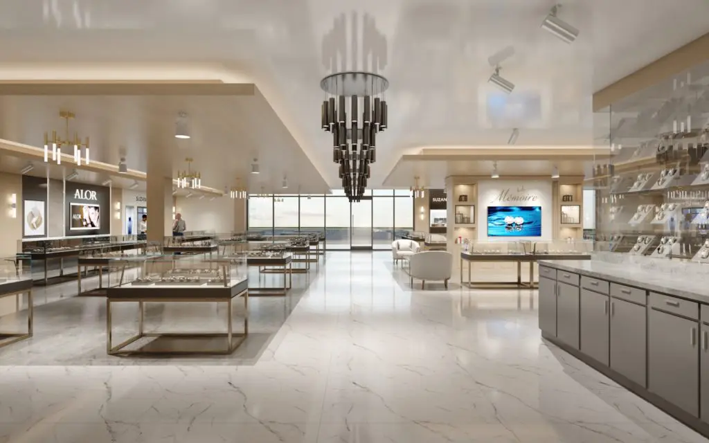 I W Marks Jewelers undergoes a stunning facelift bringing the Bellaire Boulevard mainstay into a new era. (Rendering courtesy of Identity Architects)