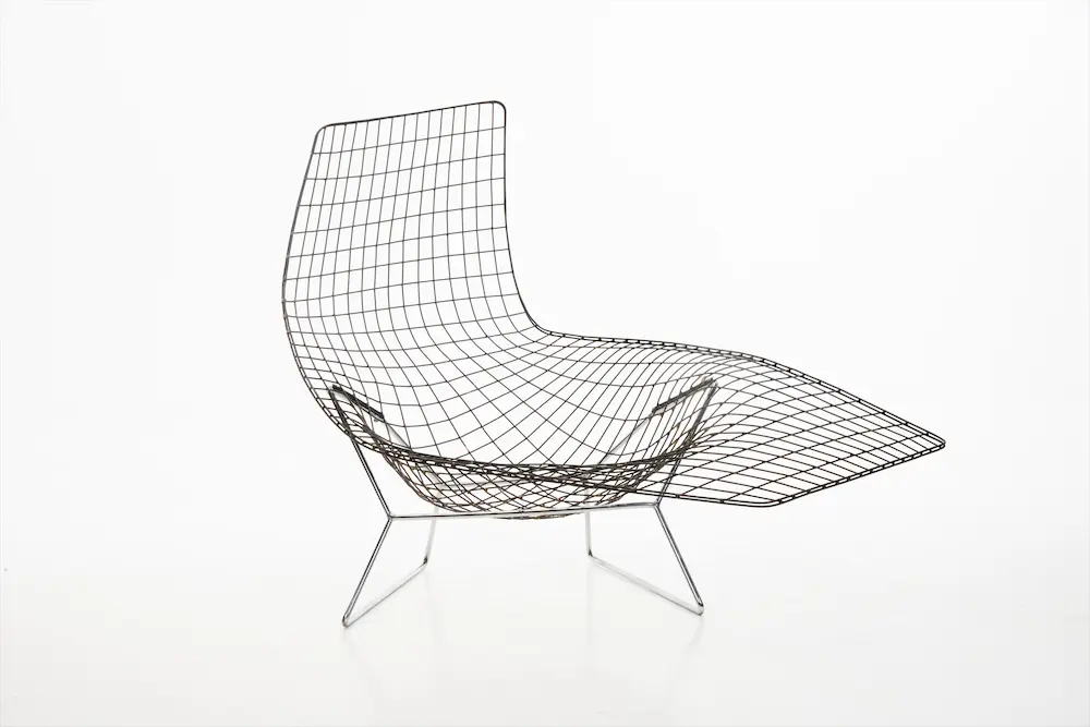 Harry Bertoia's "Hand Made Chair Prototype (Asymmetric Chaise Lounge)," circa 1952, is one of the highlights of the late artist-maker's transformative retrospective now on view at the Nasher Sculpture Center. 