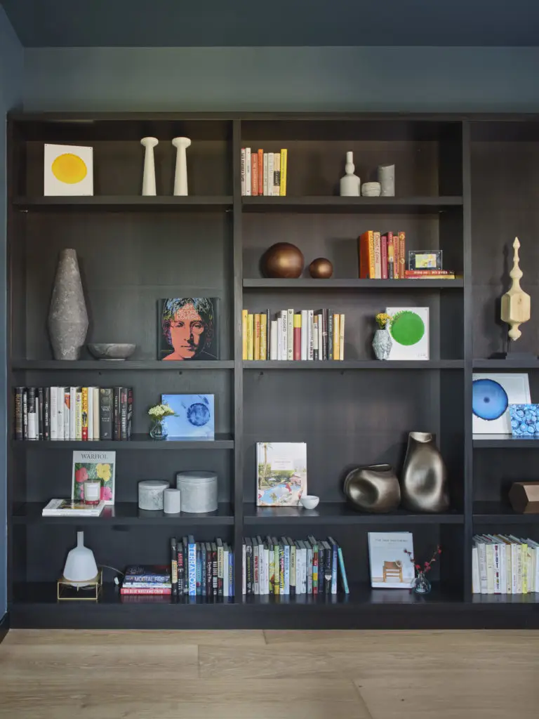 Various original artworks by John David Robbins add pops of color to the dark shelf design.