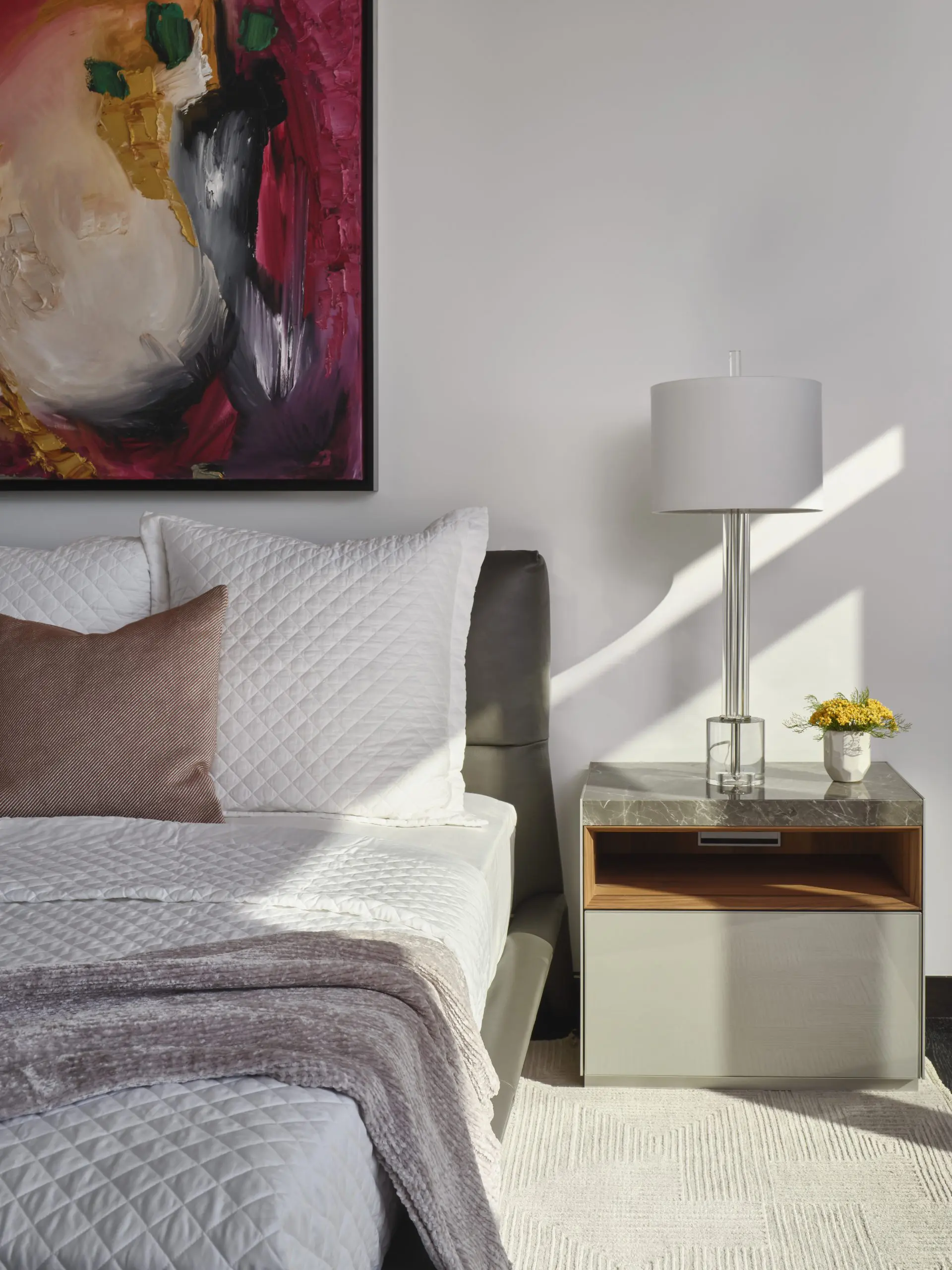 Poltrona Frau bed, Rimadesio nightstand and JD Miller "Trans Dimensional Portal" artwork.