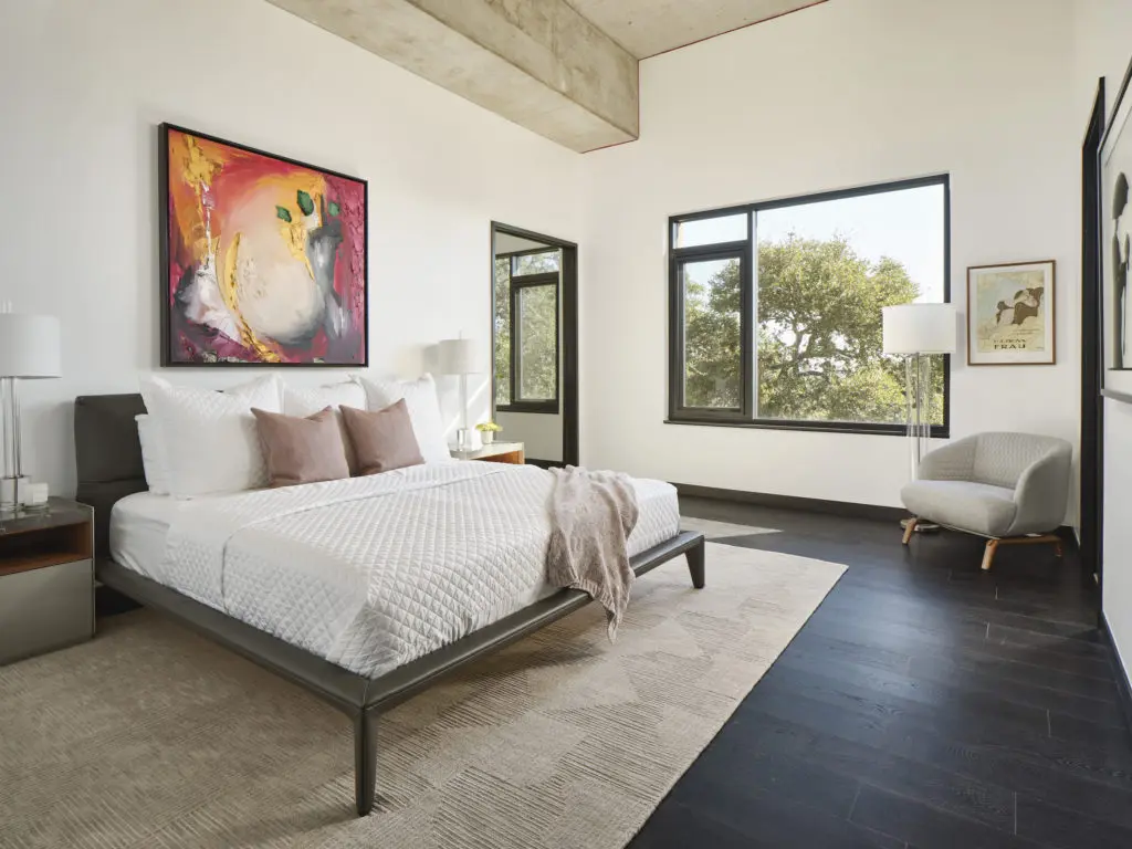 Poltrona Frau bed, Rimadesio nightstand and JD Miller "Trans Dimensional Portal" artwork.
