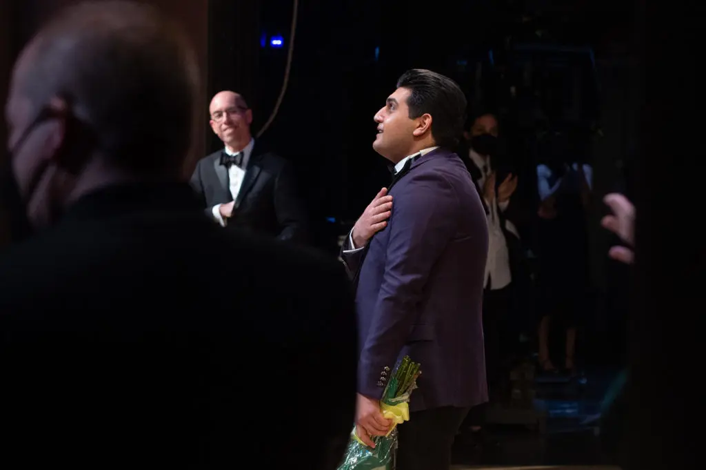 Houston Grand Opera's Concert of Arias first place winner baritone Navasard Hakobayan takes in the moment on stage at Wortham Theater Center. (Photo by Wilson Parish)