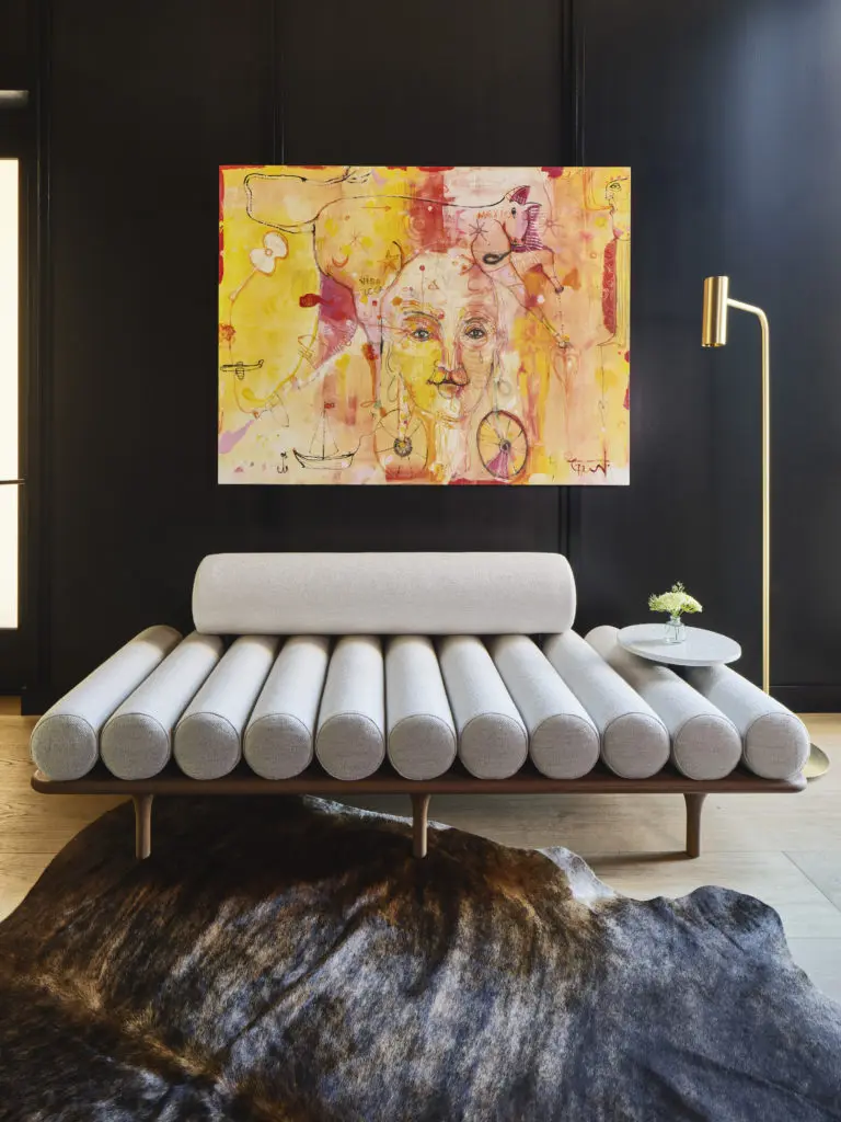 Inspired by travel, this artwork is the perfect entry piece by Yvan Genest titled "From Mexico to India."  Paired with a Tacchini daybed and CTO floorlamp.