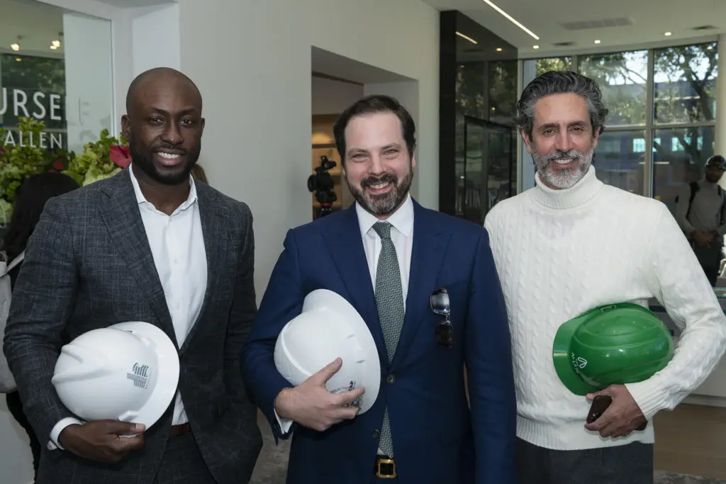 Acho Azuike, Sam Katz, Emilio Guzman 
attend the Residences at The Allen and Thompson Hotel beam signing and celebration. (Photo by Anthony Rathbun)