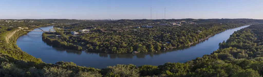 An aerial view of the site of Four Seasons Private Residences Lake Austin shows how vast the site is. (Images by DBOX for Austin Capital Partners)