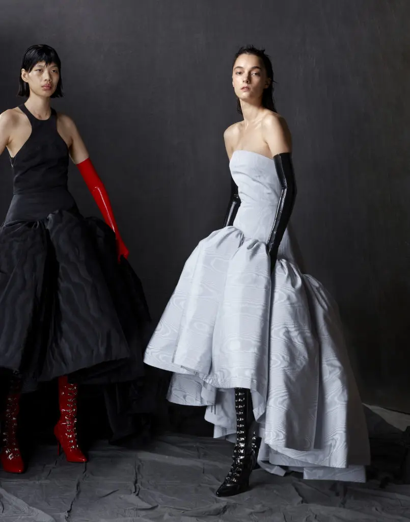 Bach Mai frost gray moiré strapless sculpted volant gown. (Photo by Dimitri Hyacinthe)